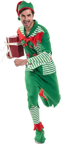 Vista 3 de EraSpooky Disfraz de elfo para hombre, disfraz de Papá Noel, color rojo y verde