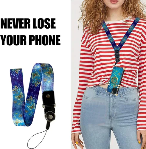 Vista 6 de nancheng Funda para iPhone 15, diseño de flor de mariposa azul, TPU suave, a prueba de golpes, con soporte de anillo y cordón a juego, elegante