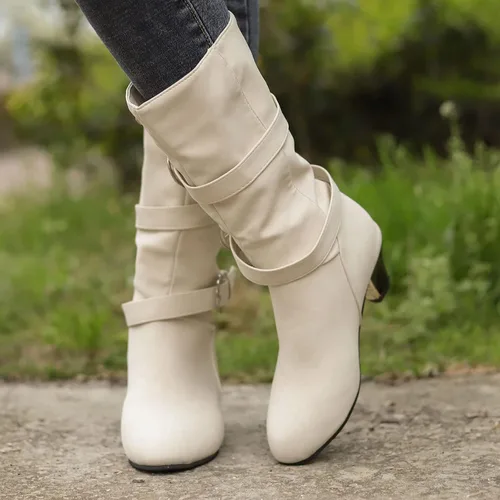Vista 6 de SuanlaTDS Tall Wide Calf Boots for Women Heel Mid Round Boots Heel Cowboy Toe Vintage Velvet Shoes Buckle Women's Plus Women's Boots (Beige, 8)