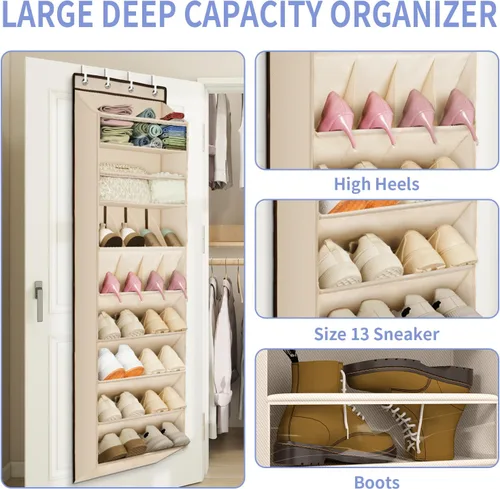 Vista 2 de FENTEC Paquete de 1 Organizador de Zapatos Sobre la Puerta, 68" Bolsillos Profundos Extra Grandes Colgantes Organizadores de Zapatos, Zapatero de 8