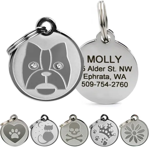 Vista 16 de Placas personalizables para mascotas, de acero inoxidable, para perros y gatos. Grabado personalizable con cuatro líneas de texto, elegante
