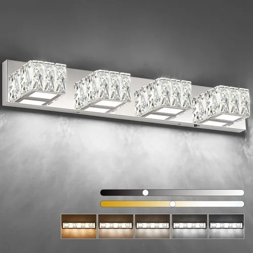 Vista 12 de Lámpara LED de baño – Moderna lámpara de tocador de cristal de 3 luces – Lámpara de pared cromada para baño 5CCT regulable