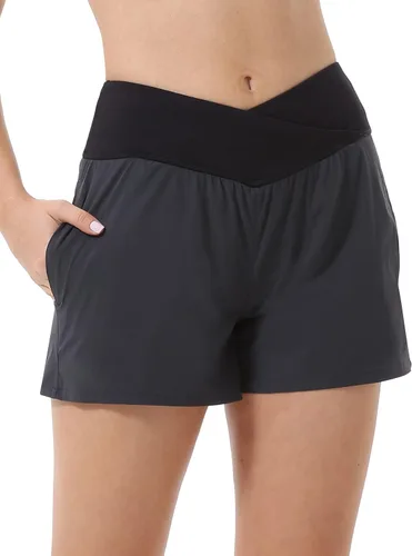 Vista 3 de HARTPOR Pantalones cortos deportivos 2 en 1 de secado rápido para mujer, cintura cruzada con bolsillos, forro de malla para entrenamiento, gimnasio