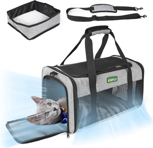 Vista 10 de Transportador para gatos y perros pequeños aprobado por aerolíneas de 17"x11"x9.5"– De lados suaves, bolsa de viaje plegable debajo del asiento