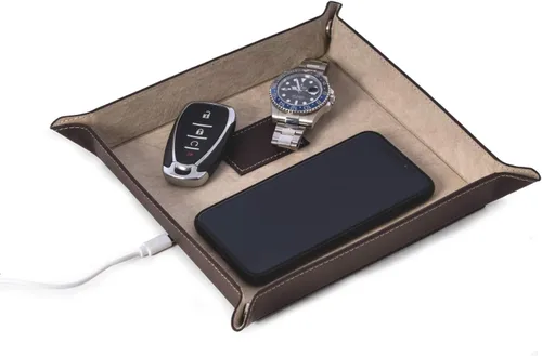 Vista 3 de Bey-Berk Bandeja de valet de cuero personalizada personalizada con cargador inalámbrico (marrón)