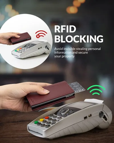 Vista 5 de VULKIT Tarjetero con ventana de identificación, tarjetas emergentes, delgada, de cuero, con protección RFID, hasta 12 tarjetas, funda para tarjetas