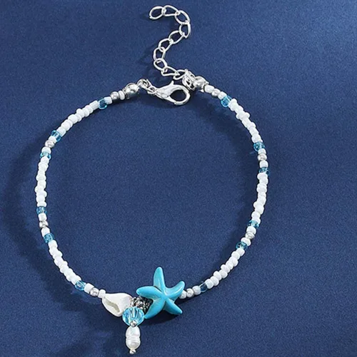 Vista 3 de Jeweky Tobilleras bohemias con estrellas de mar azules, tobilleras de perlas, joyería para pies de playa para mujeres y niñas