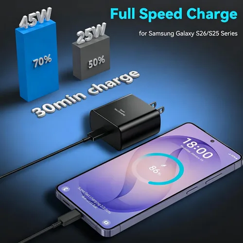 Vista 4 de Cargador súper rápido USB C de 45 W para teléfono Android tipo C, bloque de carga rápida con cable de 5 pies para Samsung Galaxy S26/S26