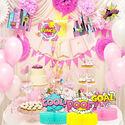 Vista 7 de Hotop 8 piezas de decoración de fiesta de héroe, centros de mesa de panal de abeja, letrero de acción rosa 3D para centro de mesa, recortes