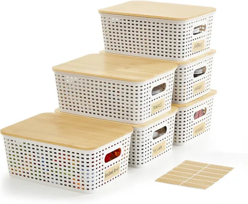 Vista 17 de Contenedores pequeños de plástico con tapas de bambú de 5.2 cuartos de galón, cesta apilable para despensa, contenedores decorativos lindos