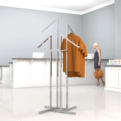 Vista 7 de Perchero para ropa resistente de cromo con 4 brazos rectos ajustables, tubos cuadrados, ideales para exhibir ropa en tiendas