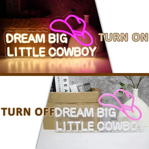 Vista 5 de Dream Big Little Cowboy - Letrero de neón para decoración de pared, letrero LED de sombrero de vaquero para habitación, luces de neón occidentales
