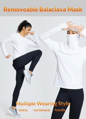 Vista 3 de BALEAF Camisas térmicas de manga larga para mujer, ropa de invierno, cuello redondo, cálido, forro polar, capa base con pasamontañas y agujeros