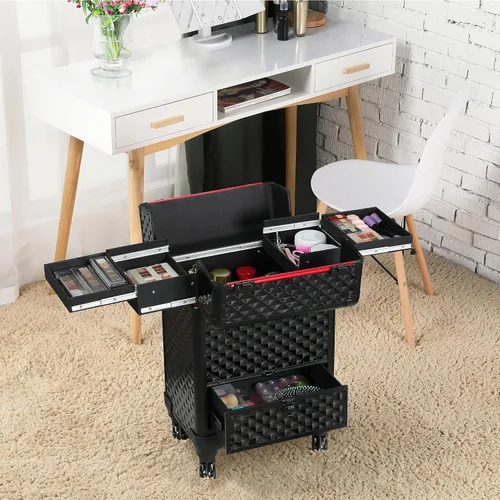 Vista 8 de Yaheetech Estuche de Maquillaje Tipo Tren con Ruedas, Estuche de Aluminio para Cosméticos con Ruedas, Estuche de Barbero para Salón, Carrito