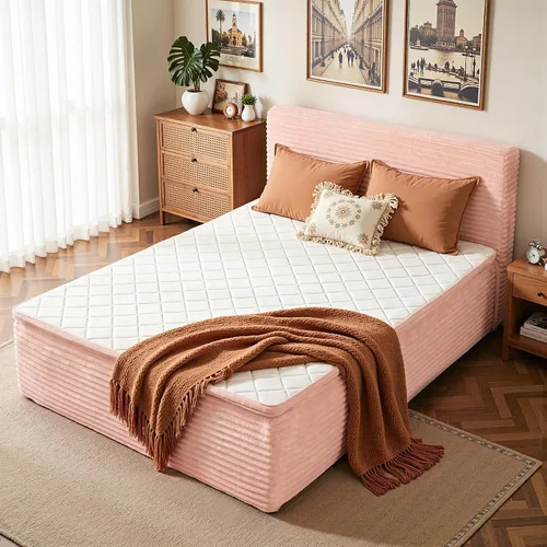 Vista 15 de Base de cama matrimonial sin hueso con cabecera de colchón, cama sin Beige