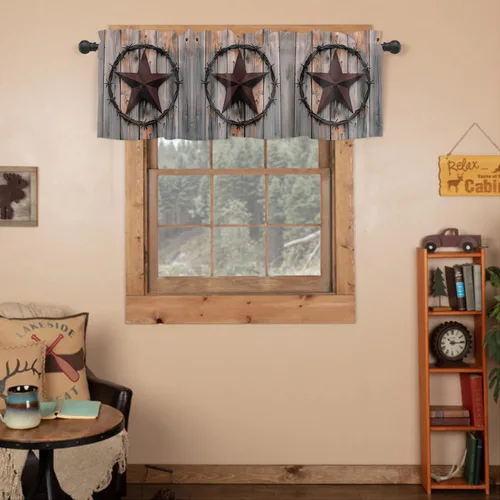 Vista 2 de Cortina de cenefas de estrella de campo occidental para cocina, cafetería, estrellas de hierro rústico en madera para puerta de granero, cenefa