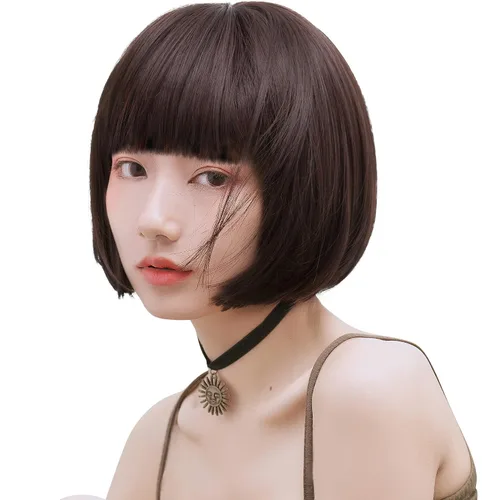 Vista 31 de Pelucas Bob con flequillo, peluca de cabello castaño rojizo de 10 Caoba