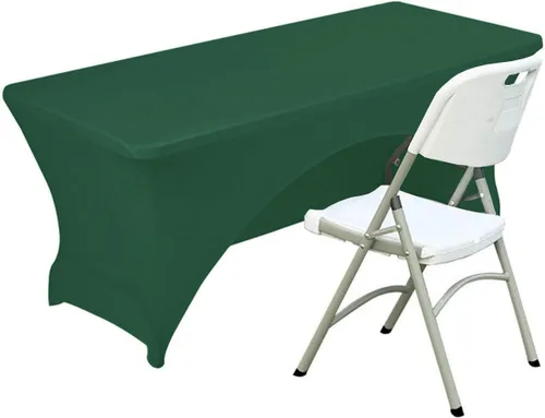 Vista 17 de Funda de mesa de poliéster ajustada de 4 pies con spandex, cubierta de mesa elástica, protector de mesa con parte trasera abierta - Negro