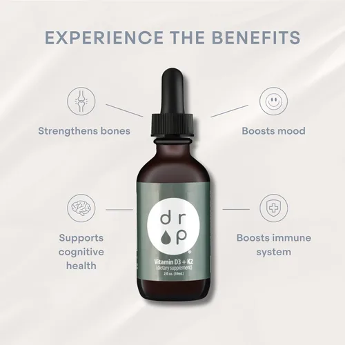 Vista 3 de Drop Vitamina D3 + K2 gotas líquidas, 1000 UI Vegan D3 de liquen, 45 mcg K2 (MK-4 y MK-7), con aceite de coco MCT orgánico, apoyo óseo e