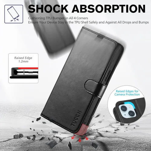 Vista 6 de TUCCH Funda tipo cartera para iPhone 15 Plus, [bloqueo RFID] 4 tarjeteros con función atril [funda interior de TPU a prueba de golpes] Funda Negro