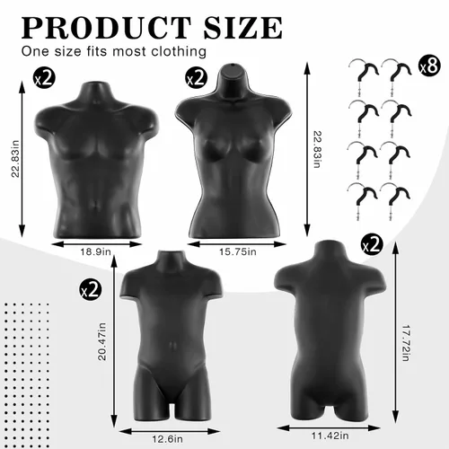 Vista 2 de Briwooody 8 piezas de maniquí colgante negro con gancho de suspensión, macho, hembra, niño y niño pequeño, maniquí colgante cuerpo conjunto familiar