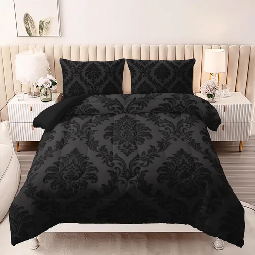 Vista 4 de AILONEN Juego de ropa de cama de 3 piezas, 1 edredón + 2 fundas de almohada, diseño floral adornado y medallones tonales para dormitorio gótico