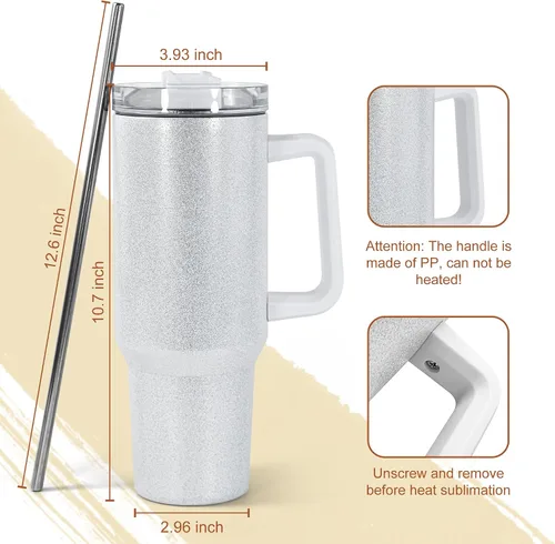Vista 2 de AGH Paquete de 4 vasos de sublimación blancos con purpurina de 40 onzas con popote y tapa de acero inoxidable, vasos aislados al vacío de doble