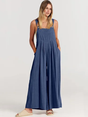 Vista 2 de ANRABESS - Overol de verano para mujer, diseño de lino informal de pierna ancha, sin mangas, con tirantes