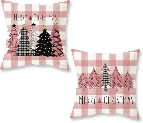 Vista 15 de ONWAY Juego de 2 fundas de almohada de Navidad de 16 x 16 pulgadas, fundas de almohada de Navidad de búfalo rojo a cuadros, color negro y verde Beige