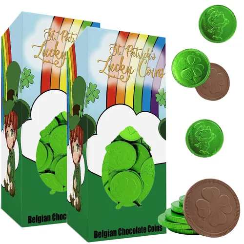 Vista 8 de Monedas de chocolate del día de San Patricio, monedas verdes de la suerte, chocolate con leche belga sin nueces, moneda láctea certificada Kosher