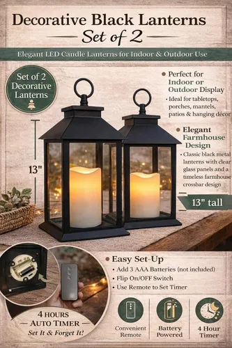 Vista 2 de Black Lanterns - Juego de 2 faroles decorativos con velas LED, decoración de faroles para exteriores e interiores, faroles de granja de 13 pulgadas