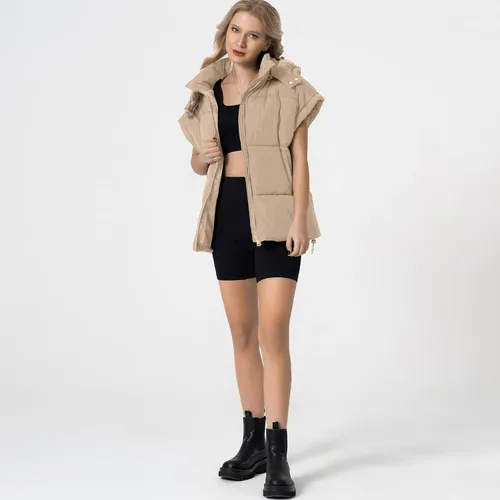 Vista 42 de Shiyifa Chaleco acolchado para mujer, chaqueta de gran tamaño, sin mangas, ligera, con cremallera, con capucha desmontable
