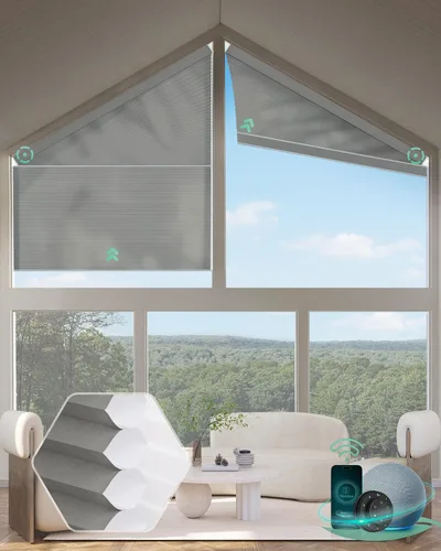 Vista 17 de Yoolax Persianas celulares inteligentes, persianas trapezoidales motorizadas derechas, persianas motorizadas con control remoto compatibles