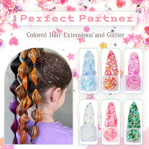 Vista 4 de Extensiones de cabello de colores, extensión de cabello liso con clip de 22 pulgadas, extensiones de cabello con brillantina multicolor arcoíris