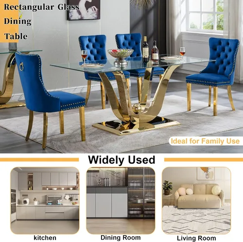 Vista 7 de Mesa de comedor moderna de vidrio de 70 pulgadas para 6-8, mesa de comedor de cristal dorado de lujo con base de acero inoxidable en forma de flores