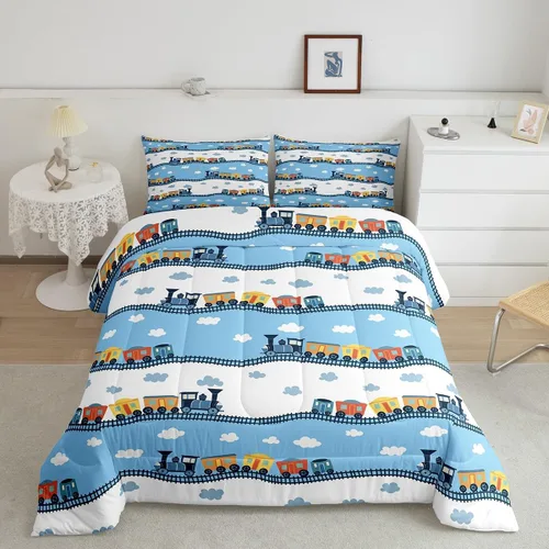 Vista 2 de Erosebridal Juego de edredón de tren de locomotora para niños, tamaño individual, lindo juego de ropa de cama con motor de vapor para niños y niñas