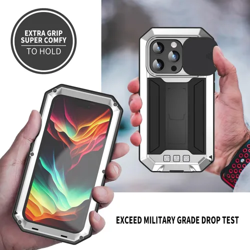 Vista 5 de FW - Funda de metal compatible con iPhone 15 Pro con cubierta deslizante para cámara deslizante, protector de pantalla integrado, funda híbrida