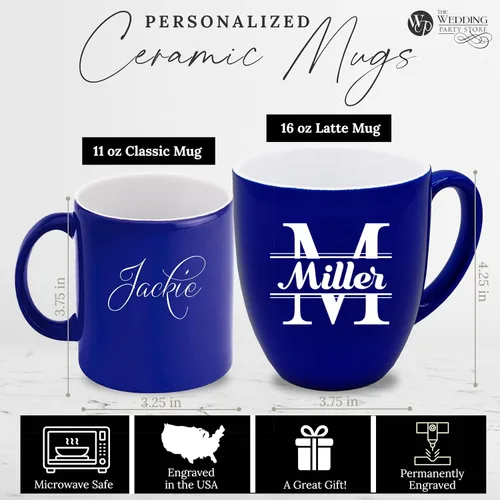 Vista 2 de The Wedding Party Store Taza de café con leche grabada personalizada, taza de café y té personalizada (azul)