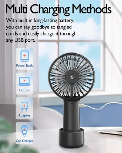 Vista 3 de Ventilador de niebla portátil de mano, ventilador Mister recargable de 2000 mAh, funciona con pilas, rocío de agua, refrigeración personal, 3 Negro