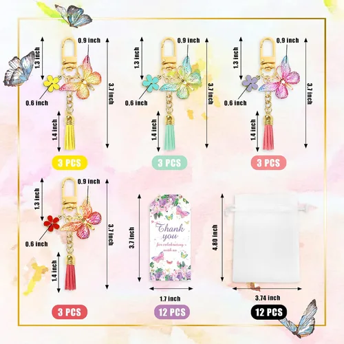 Vista 3 de BANBALLON 12 juegos de recuerdos de fiesta de mariposa, llavero con borla, decoración de fiesta de hadas con bolsa de gasa de flores de mariposa