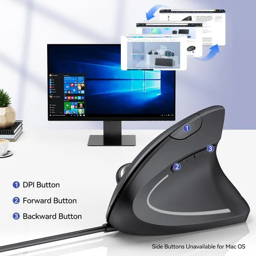 Vista 7 de TECKNET Ratón con cable, 6400 DPI Ratón ergonómico 6 Botones Ratones Silenciosos Ratones 4 Ratones verticales DPI ajustables Compatible
