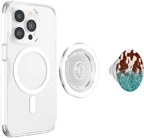 Vista 4 de PopSockets MagSafe PopGrip de cuero de vaca marrón con estampado de vaca para iPhone