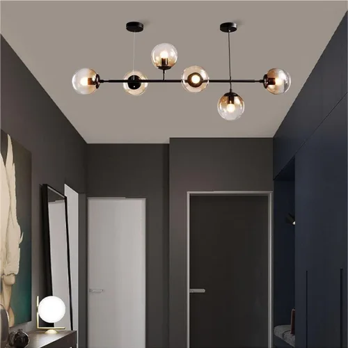 Vista 8 de BOKT Moderna lámpara colgante de bola de cristal de 6 luces para isla de cocina, lámpara colgante lineal para sala de estar, comedor