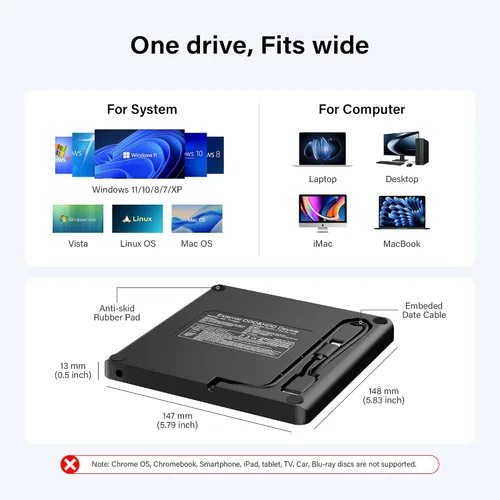 Vista 4 de Amicool Grabador externo USB-C USB 3.0 CD/DVD +/-RW, lector de DVD portátil ultrafino para Mac iMac MacBook, Windows 11/10/8 Linux, computadora