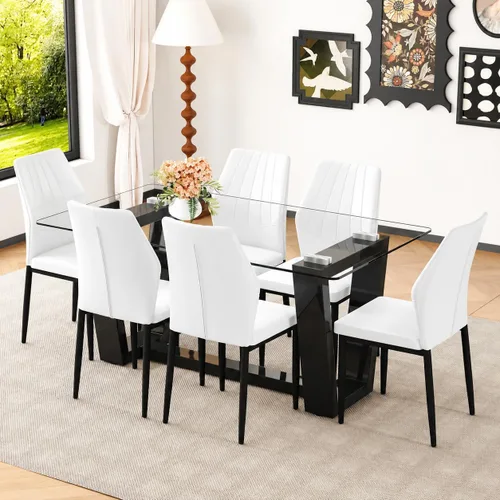 Vista 10 de Juego de mesa de comedor de cristal para 4, juego de mesa de cocina moderno de 63 pulgadas con parte superior de vidrio templado, base trapezoidal