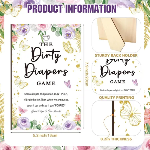 Vista 3 de BBTO 51 piezas de pañales sucios para baby shower, juego de mariposa para baby shower, divertido letrero de madera, 50 piezas, mini pañal de fieltro