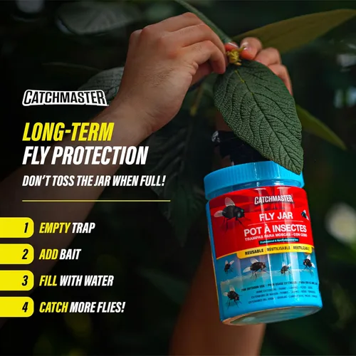 Vista 7 de Catchmaster - Trampa para moscas reutilizable para exteriores, 1 tarro azul colgante con cebo Catches All Species of Fly, Fly Traps Outdoor w