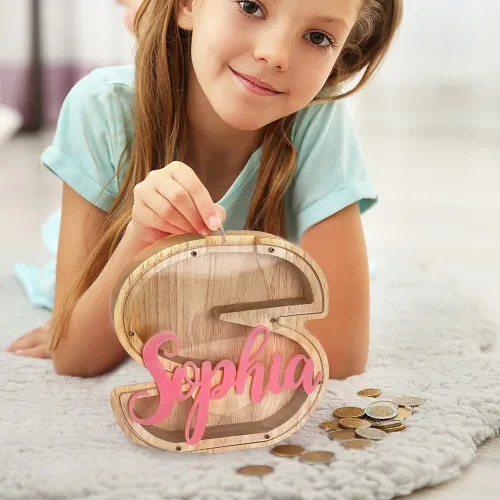 Vista 2 de Alcancía de madera personalizada para niños, alcancía personalizada para niñas, niños, caja de ahorro de dinero con 20 colores de fuente, nombre