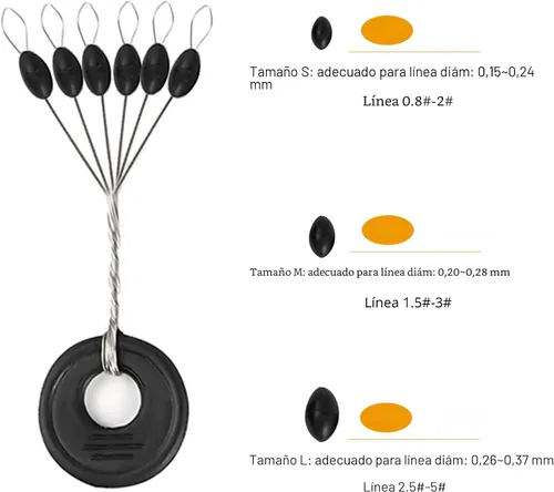 Vista 3 de Lavie&Camus 720 unidades de tapones para flotadores de pesca, flotadores ovalados, tapones y plomos 6 en 1, tapones de goma negros para flotadores