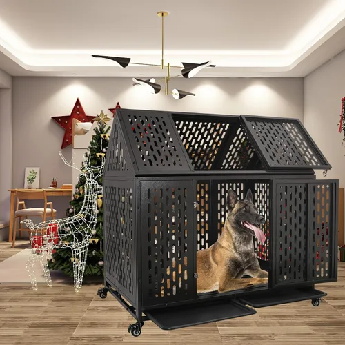 Vista 5 de Jaula para perros resistente de 44 pulgadas con pestillo resistente, perrera de acero grande indestructible con diseño de techo puntiagudo, jaula